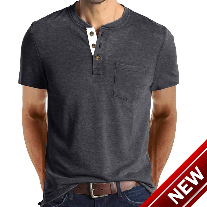 Summer new mens Henry T-shirt short sleeved mens T-shirt mens top
