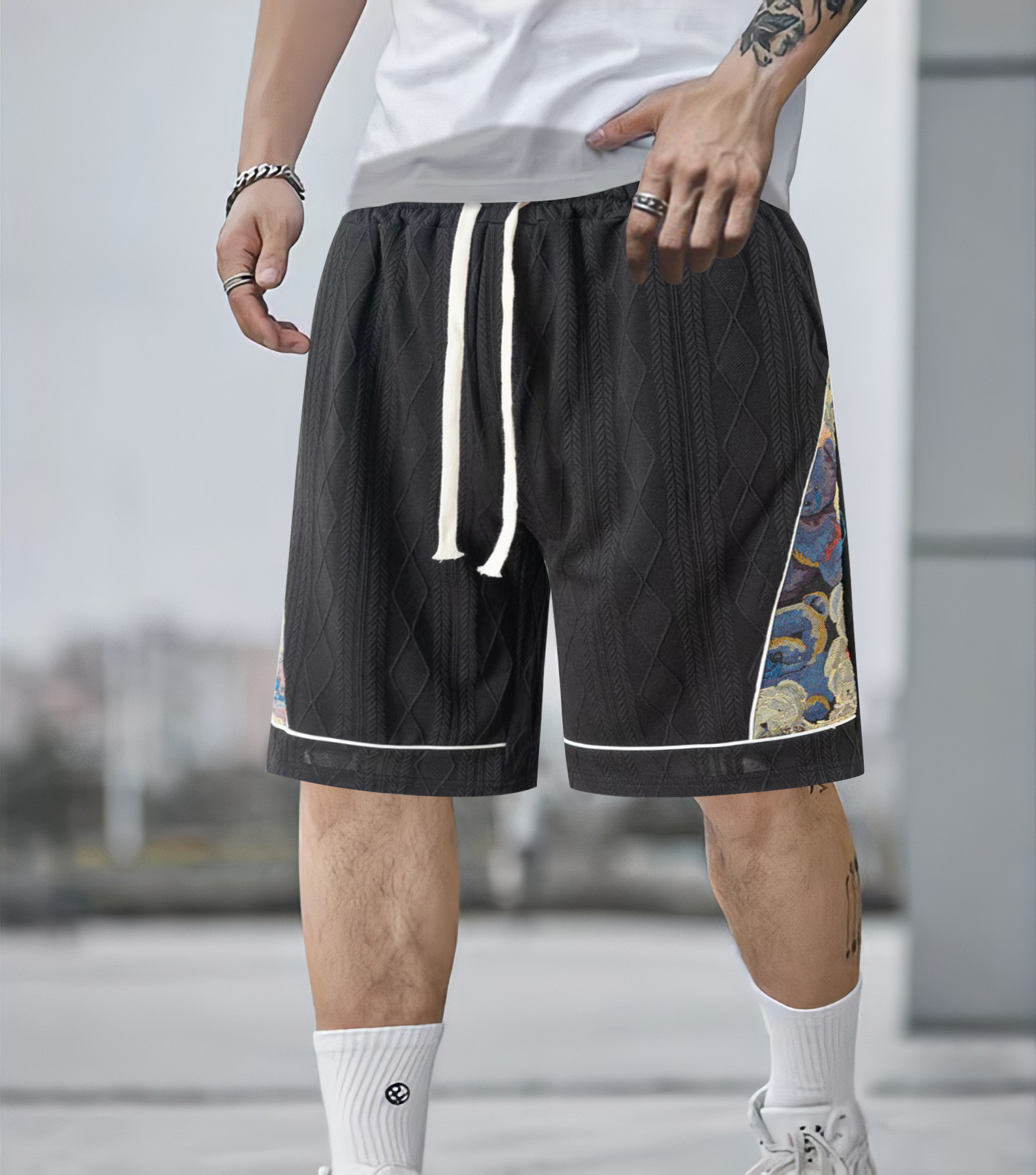 2025 Summer New Casual Jacquard Color blocked Men's Pentagram Shorts