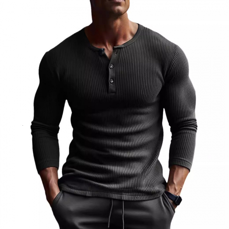 Mens Long sleeved Top Fitness High Elastic Bottom Shirt Mens Stapled V-neck Solid Large Casual T-shirt