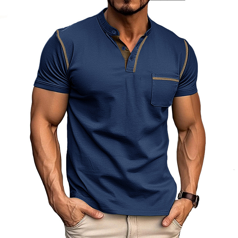 2024 summer mens short sleeved mens T-shirt mens Henry shirt color blocked top T-shirt