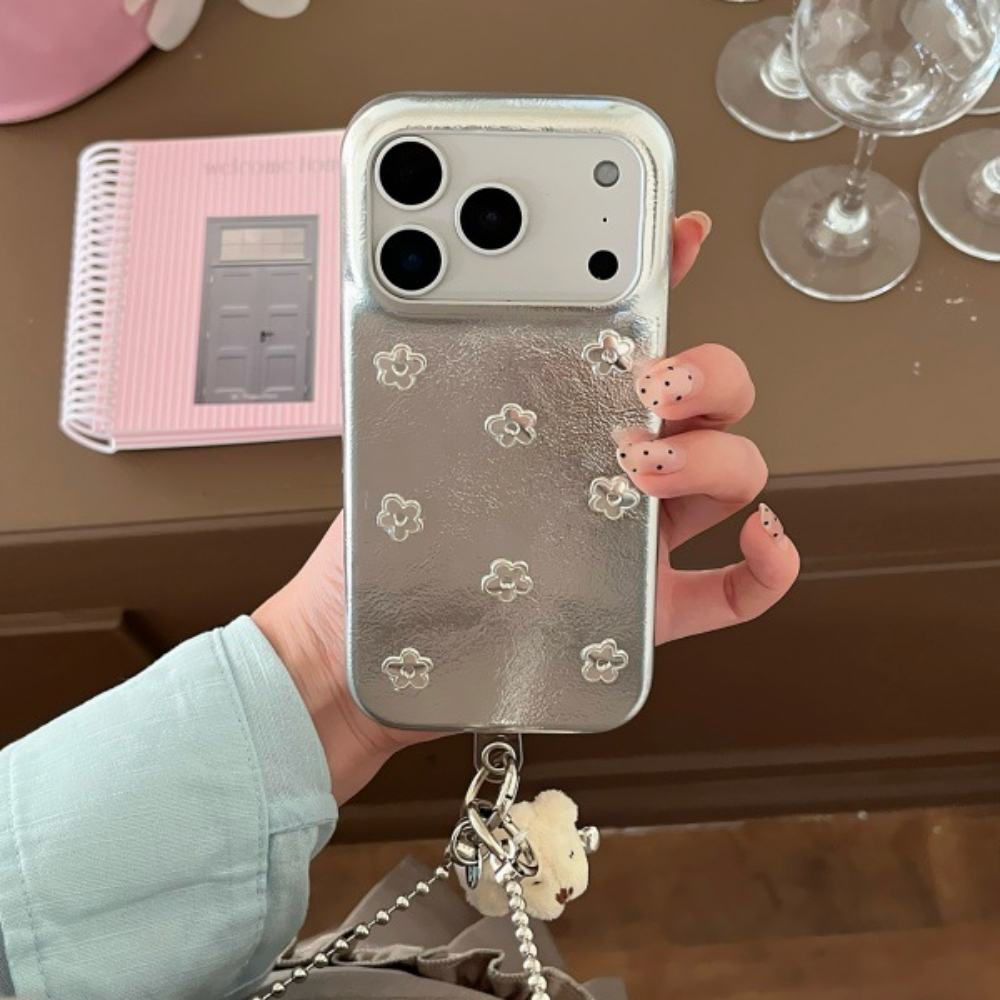 Leather Silver Flower Phone Case Compatible with iPhone 17/16 Pro Max Cartoon Bear Chain Case iPhone 15/14