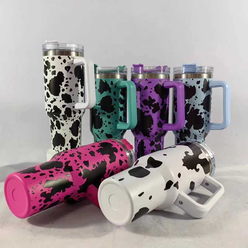 40oz Cow Pattern Thermal Cups with Handle Double Layer Stainl Steel Insulated Water BottleCoffee Cup Travel Portable Car Cups C251114