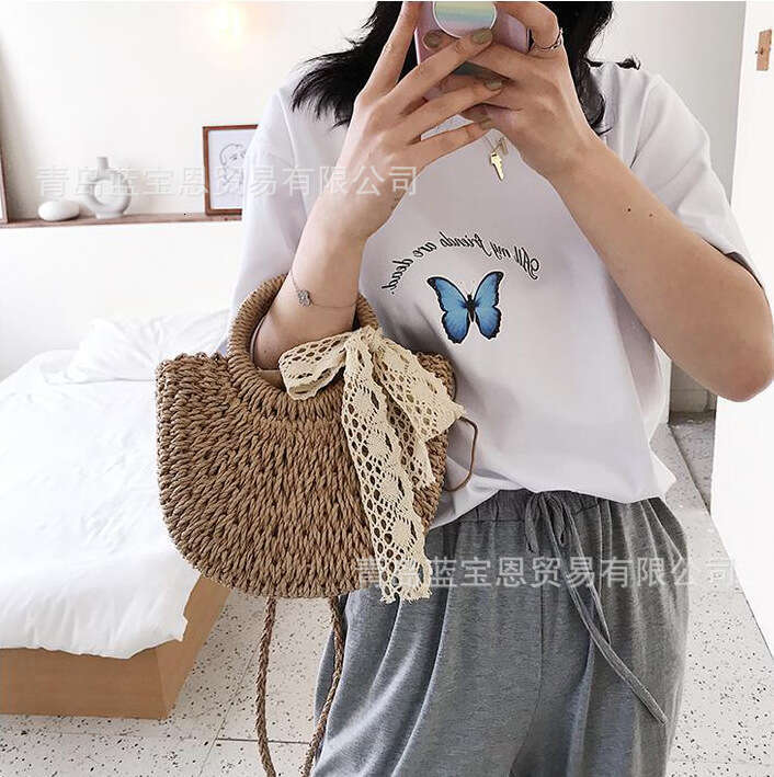 Handmade Beach Bag New Handmade Grass Woven Fashion Internet Famous Single Shoulder Crossbody Women's Sweet And Versatile Handheld Vegetable Bask