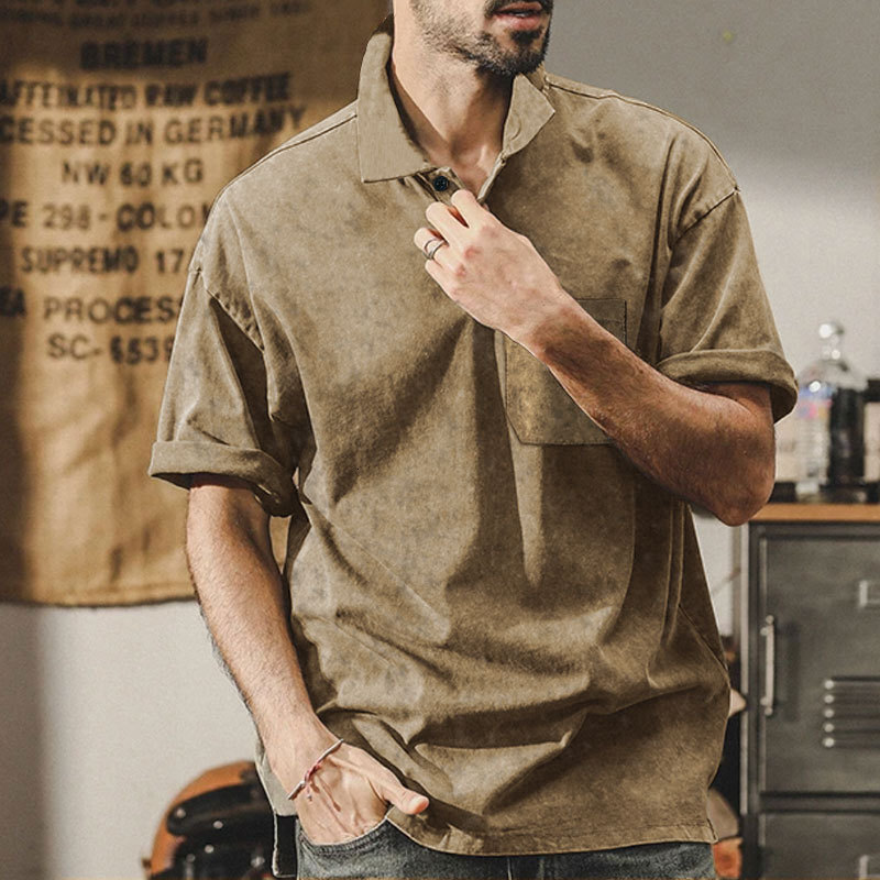 Summer new lapel button up oversize casual short sleeved men's high street T-shirt