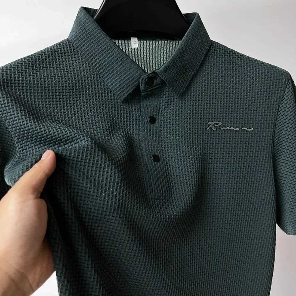 Letter printed ice silk short sleeved mens polo shirt 2023 summer hollow breathable T-shirt fashion lapel casual brand W250414
