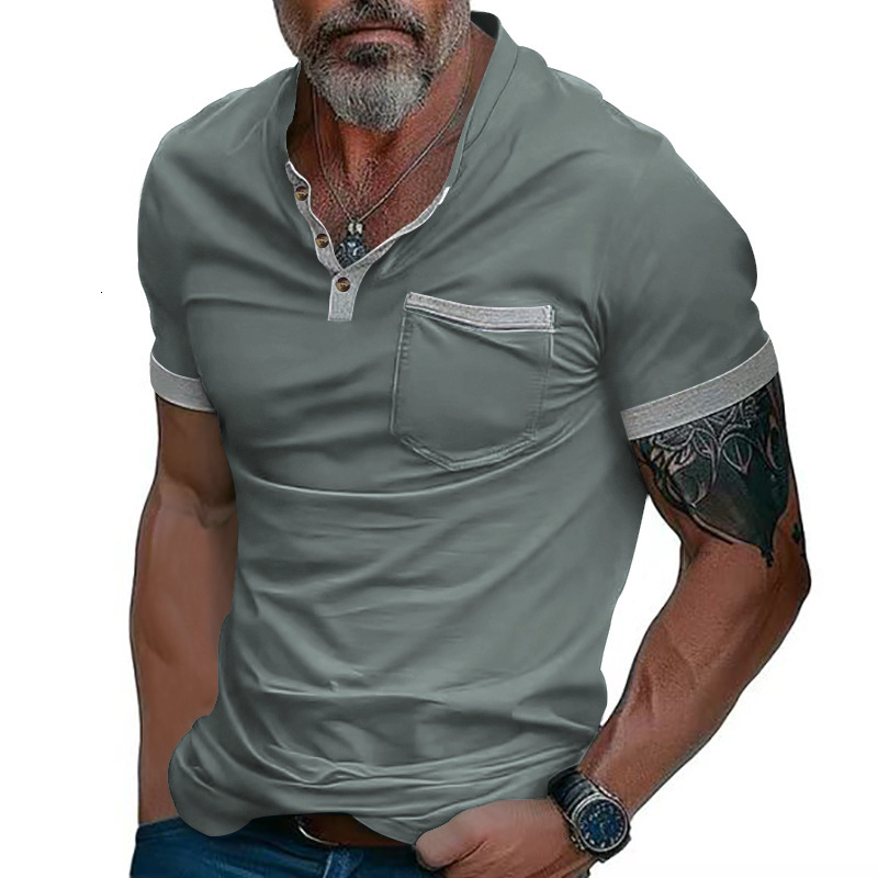 Polo shirt summer top 2025 solid color stand up collar pocket men's T-shirt
