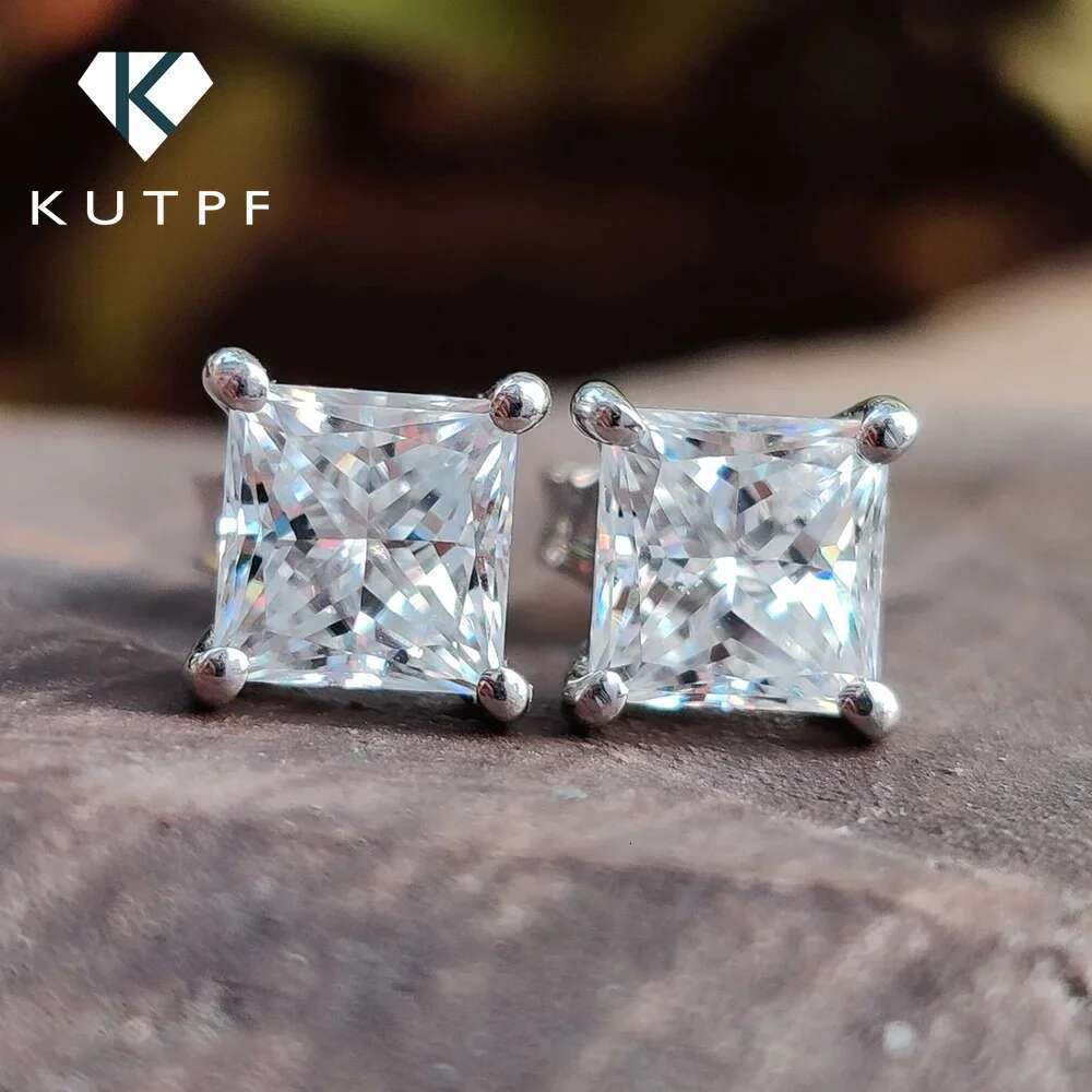 2Carat Princess Cut Moissanite Earrings with Gra Certificates 925 Sterling Silve Square Lab Diamond Stud Earring for Women Men
