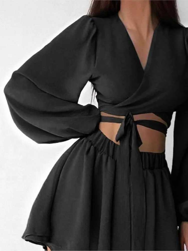 Fashion two-piece womens long Sve sexy V-neck waistband cardigan casual and comfortable fully matched solid color shorts setXJ250414