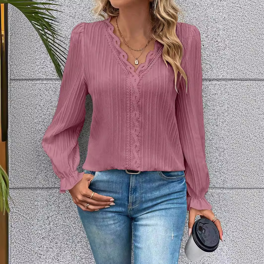 2025 Autumn Long sleeved V-neck Lace Panel Hollow out Women's Shirt