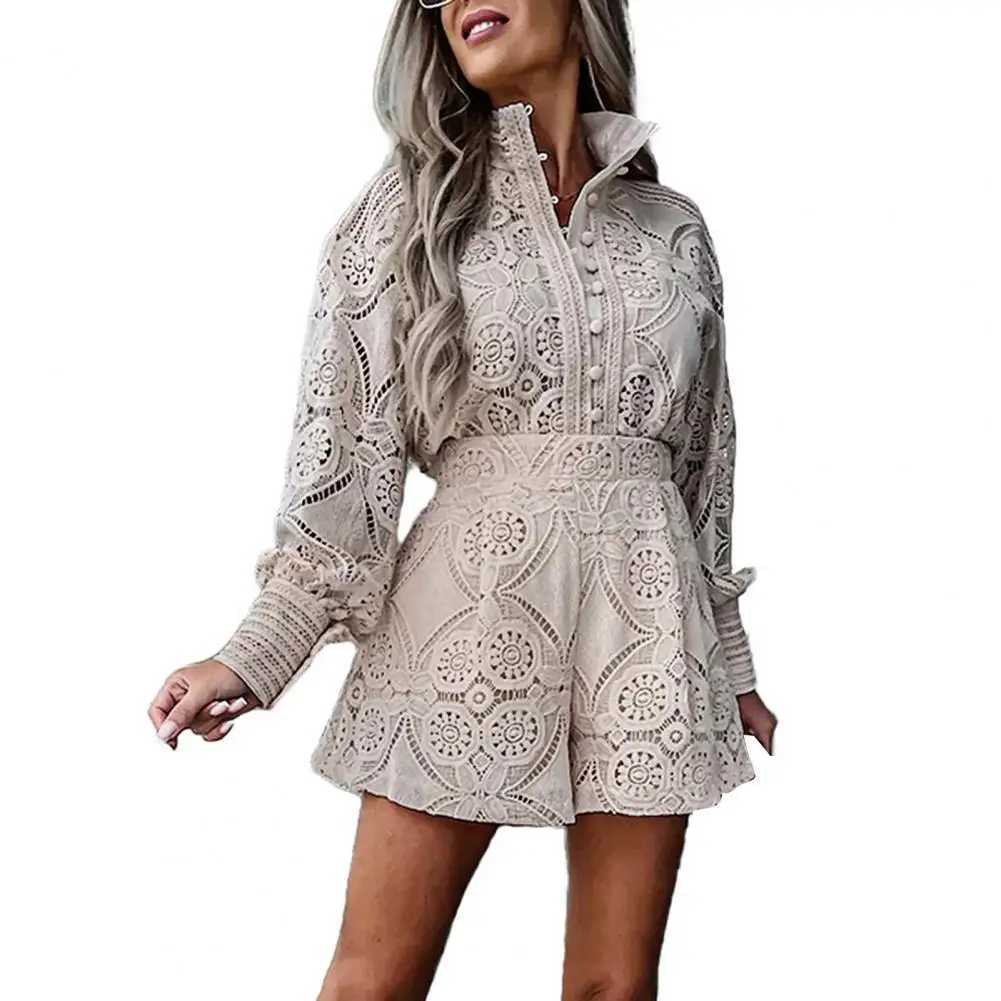 2 pieces/set of womens shirts long Sve single chest high waist embroidered hollow lace shirt wide leg womens shorts setXJ250414