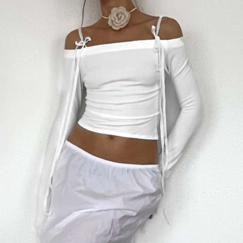 CUTENOVA Women Off Shoulder Long Sleeve T Shirts Autumn Y2K Elegant White Crop Tops Skinny Strapless Casual Basic Tees Bow