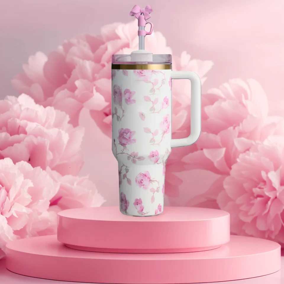 Spring Engraved Floral Tumbler Mug 40oz Premium Stainless Steel Tumbler with Silicone Handle Vacuum Travel Home and Outdoors C251114