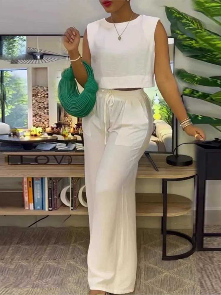 Pants set two-piece set suitable for women casual sleeveless short top wide leg pants fashionable solid set Ele Office womens set summerXJ250414
