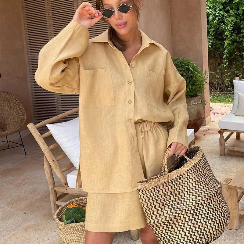 Womens Retro Solid Matching Set Spring/Summer Leisure Street Set Long Sve Collar Shirt Loose Ele Tracksuit 2025XJ250414