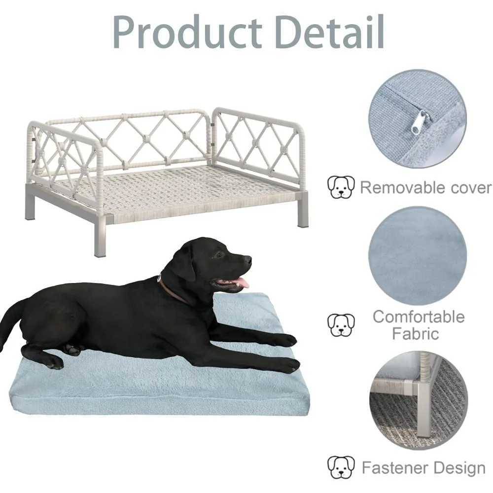 Er dog bed with 2-inch cushion Rattan dog sofa bed suitable for small and medium-sized dogs - indoor/outdoor metal frame pet bed up to 66lbs (gray mou