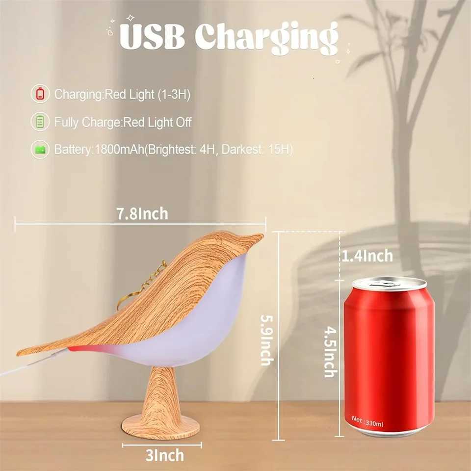 Rechargeable Small table lampcute bird lampwireless lamp3 color temperatures and touch sensorchildrens night lightbedroom M251114