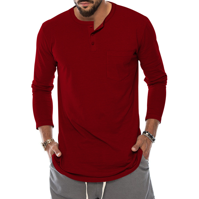 2025 new spring and autumn round neck men's T-shirt slim fit pullover casual long sleeved Henley shirt men