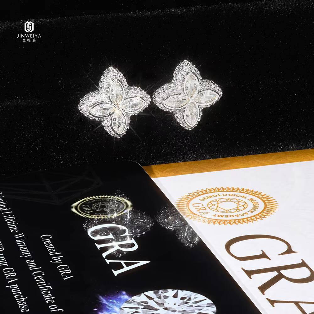 Best Price 925 Sterling Silver Mens Hip Hop Iced Moissanite Earrings 15MM Four Leaf Clover Stud Pear Earrings High Moissanite