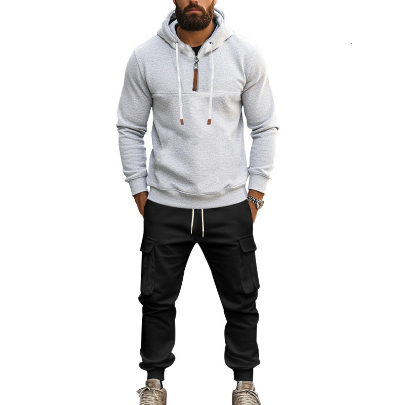 Autumn Winter American Hooded Velvet and Pants Casual Men's Sweatshirt Set