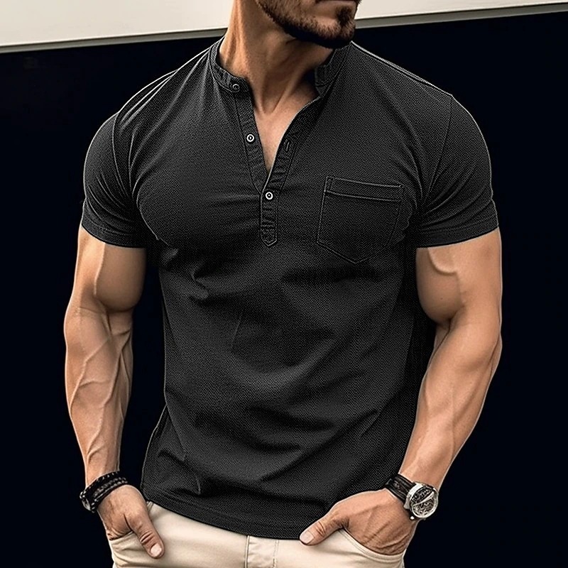 Mens Short Sleeve Henry Shirt T-shirt Top with Pocket Sticker Button Standing Collar Fashion Basic Style