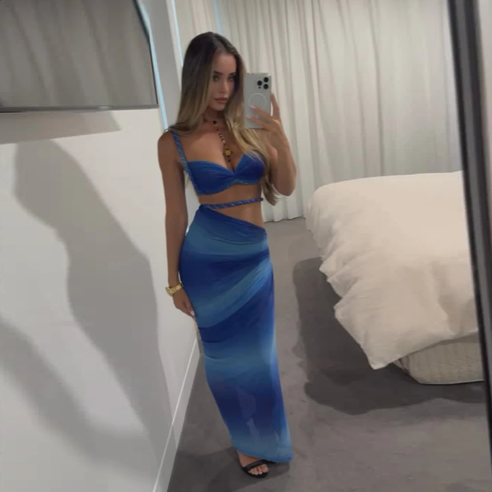 Blue Gradient 3 Pieces Bikini Set With Cover Up Push Up Bikinis Women Swimsuit Female Swimwear Long Skirt Bathing Suit Beachwea 250410