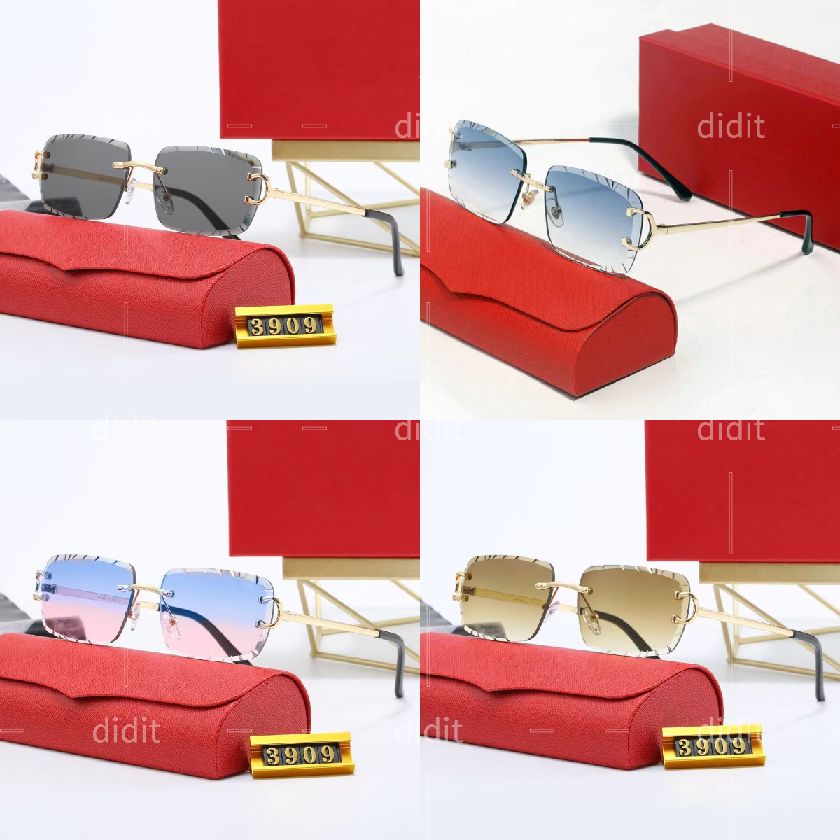 Rectangle Sunglasses Designer Mens Frameless Panther Buffalo Horn Business Eyewear Women Eyeglasses Silver Gold Metal Sport Cardier Glasses Case Lunettes