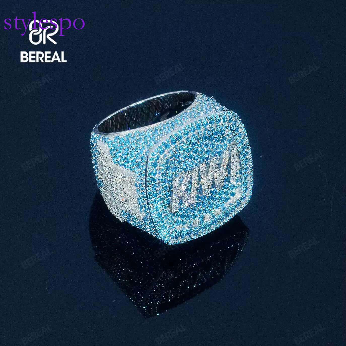 Custom Letter Vvs Iced Out Blue Moissanite Hip Hop Ring Pass Dia Test Sier Gold Plated Fine Jewelry Rings Men