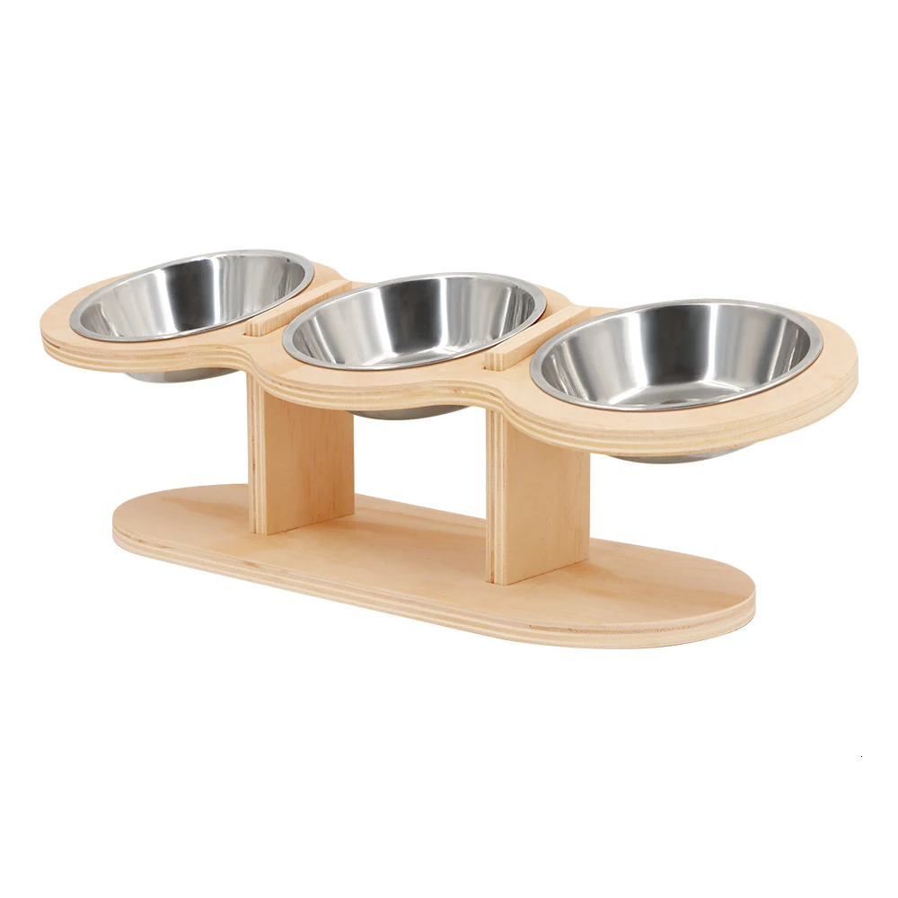 Cat 3-in-1 Feeding and Drinking Products Food Bowl 15 degree Tilt for Puppies 3 Stainless Steel Bowl Wooden Bracket 250414