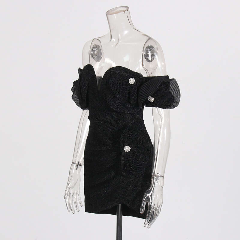 Designer Sophisticated Niche Splice One-Shoulder Short Dress with Sparkling Diamond Details for Women