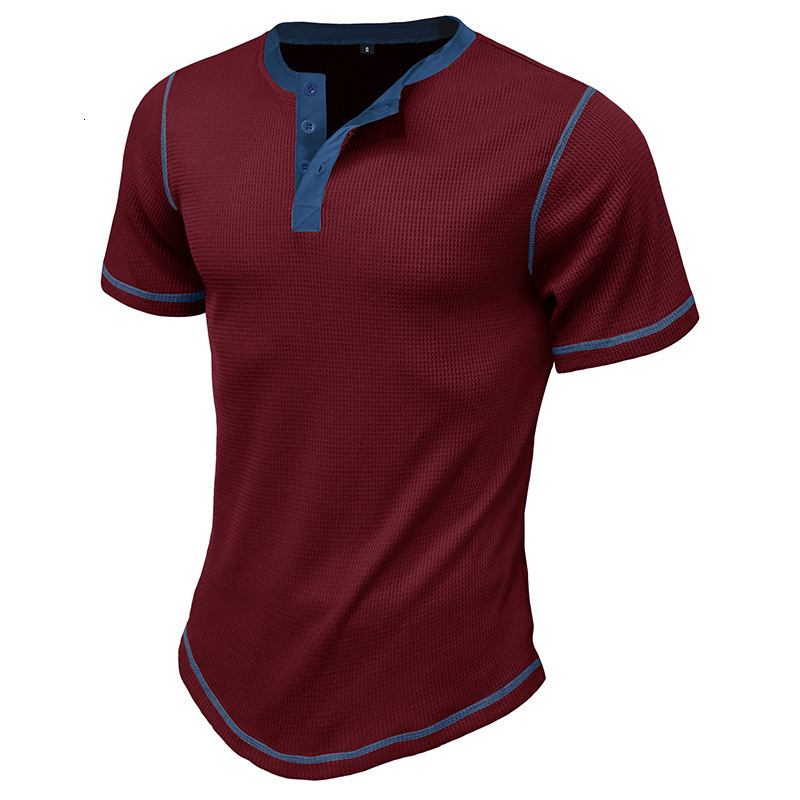 2024 Mens Summer Short sleeved Henley Shirt Mens T-shirt Top Color Block Henleys