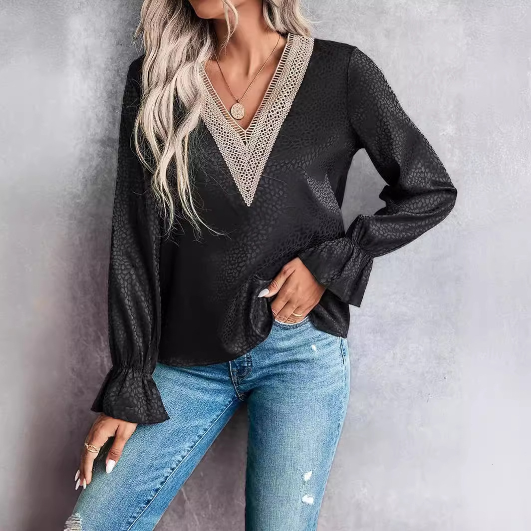 2025 lace V-neck pullover leopard print women's jacquard long sleeved shirt