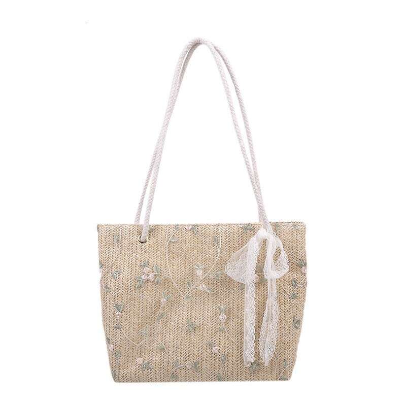 Handmade Beach Bag Grass For Women's New Versatile Small Fresh Bow Tie Lace Portable Shoulder Popular Woven Tote Bag Kq2