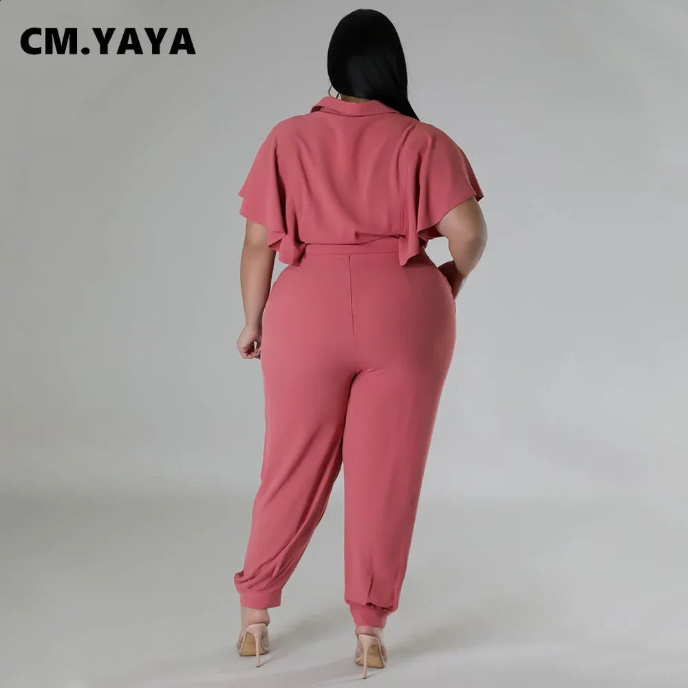 CM.YAYA Elegant Plus Size Loose Womens Set Tie Crop Ruffles Top pencil Pants Suits Streetwear Tracksuit Two 2 Piece Set 250410