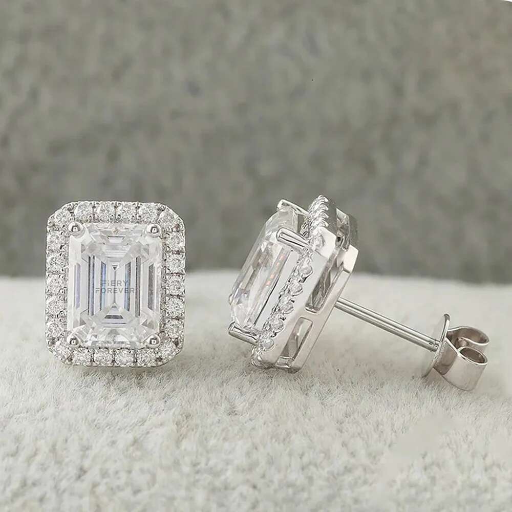 0.5/1/2ct Emerald Cut Halo Moissanite Diamond Stud Earrings 925 Sterling Silver Plated 18k Gold Earring Fine Jewelry for Women