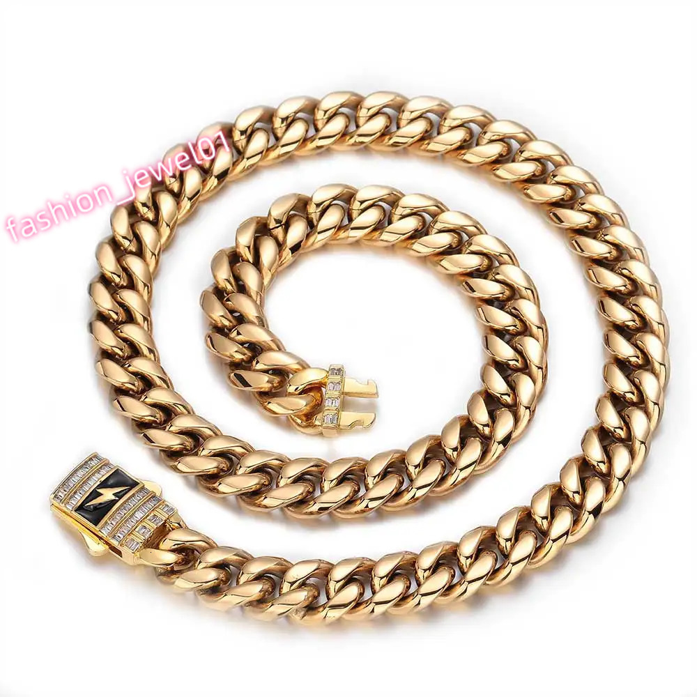 Hip Hop Jewelry 12MM Stainless Steel Cuban Link Necklace Brass Rectangle CZ Iced Out Bling Lightning Clasp For Men Women