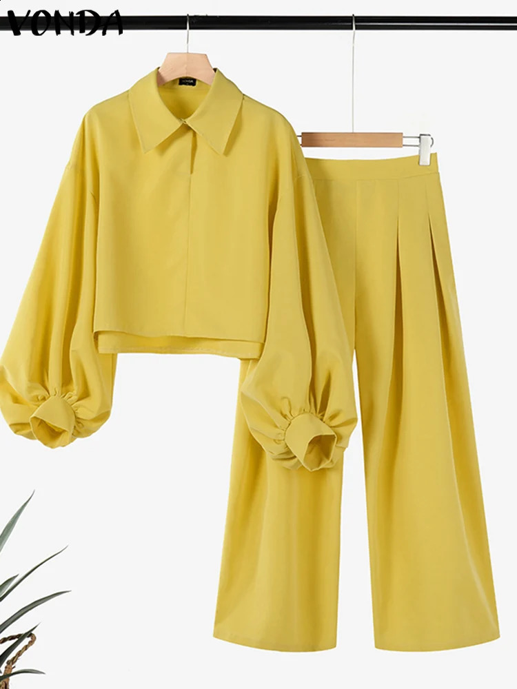Plus Size 5XL VONDA Women Pants Sets Casual Loose Turn-down Collar Tops Elastic Waist Wide Leg Pant Outfits 2025 Women Suits 250410