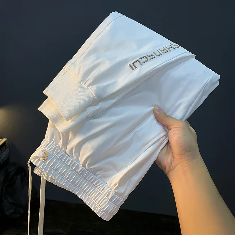 Summer thin casual pants mens white silk breathable cool ankle length black sports pants 250410