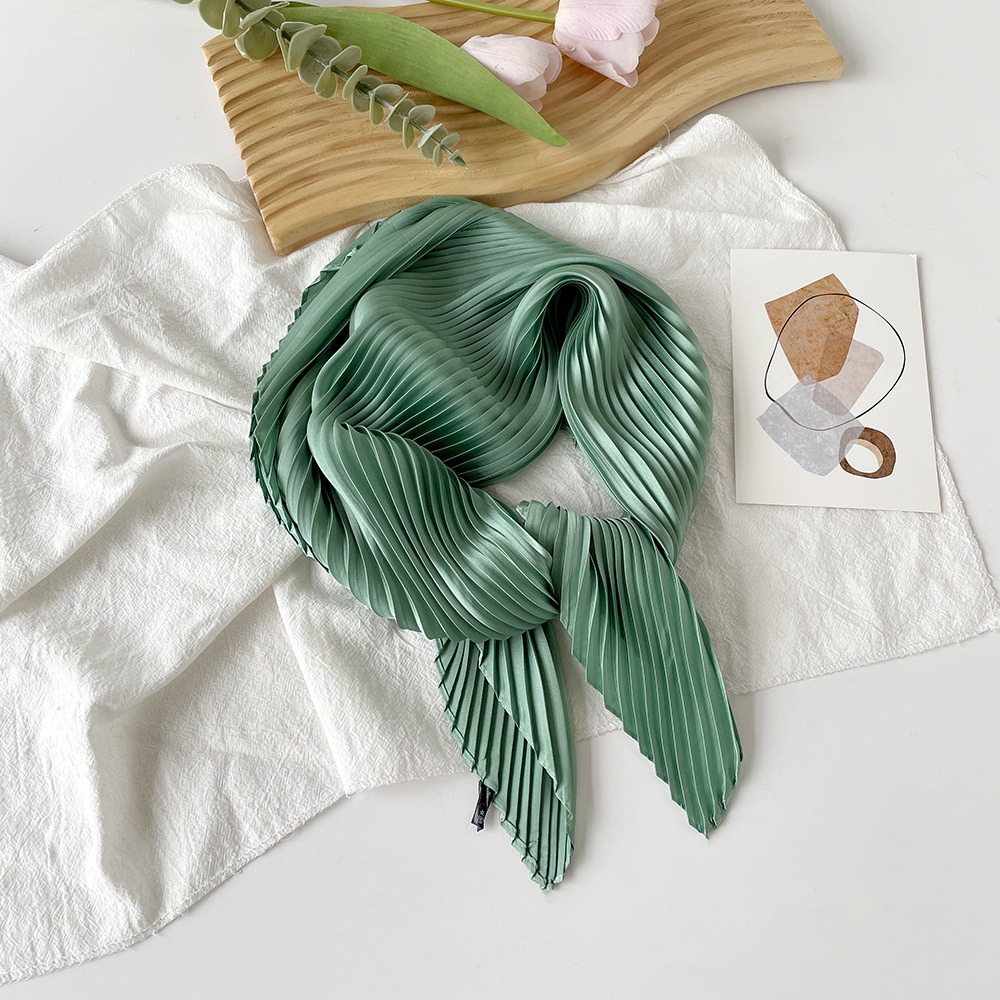 K390 Solid color 70cm pleated small silk scarf for women Japanese and Korean small fresh headscarf neck scarf small shawl fashion