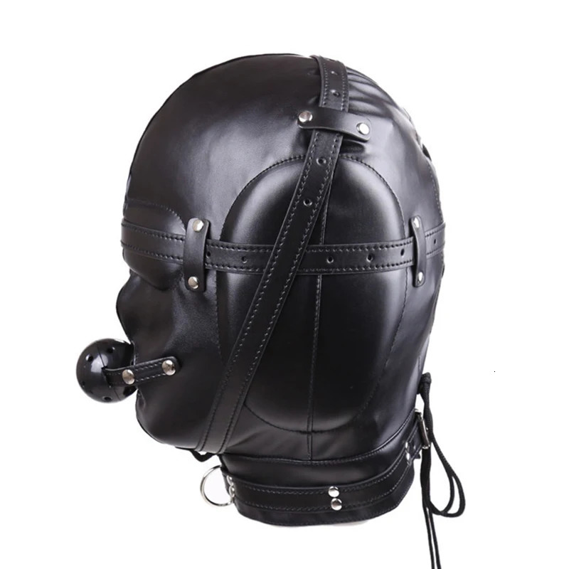 Fully Enclosed Black Soft PU Head Hood for Cosplay Fanatics Gimp Mask Leather with Mouth Gag Ball Couple Game Headgear Props 250410