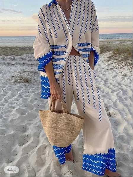 Fashion Printed Beach Holiday 2-piece Womens Spring/Summer Long Sve Top+Wide Leg Womens Oversized 2-piece SetXJ250414