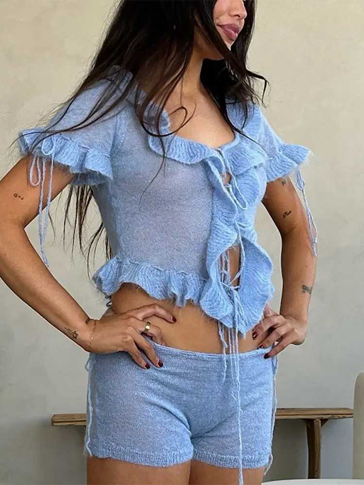 Ele lace work lace top Sve ultra-thin mini shorts fashionable solid knit shorts set 2025 new womens 2-piece beachwearXJ250414