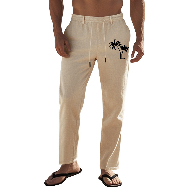 American men's coconut tree print breathable linen loose casual sports pants for men