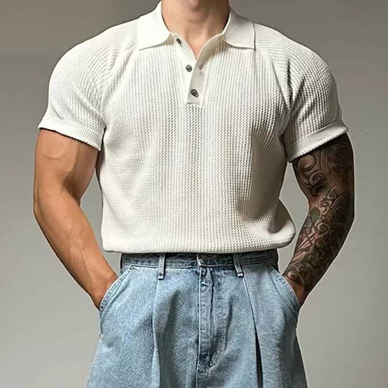 Fashionable mens ultra-thin polo shirt spring and summer casual solid color waffle style short sleeved polo shirt mens fashionable button polo neck sh