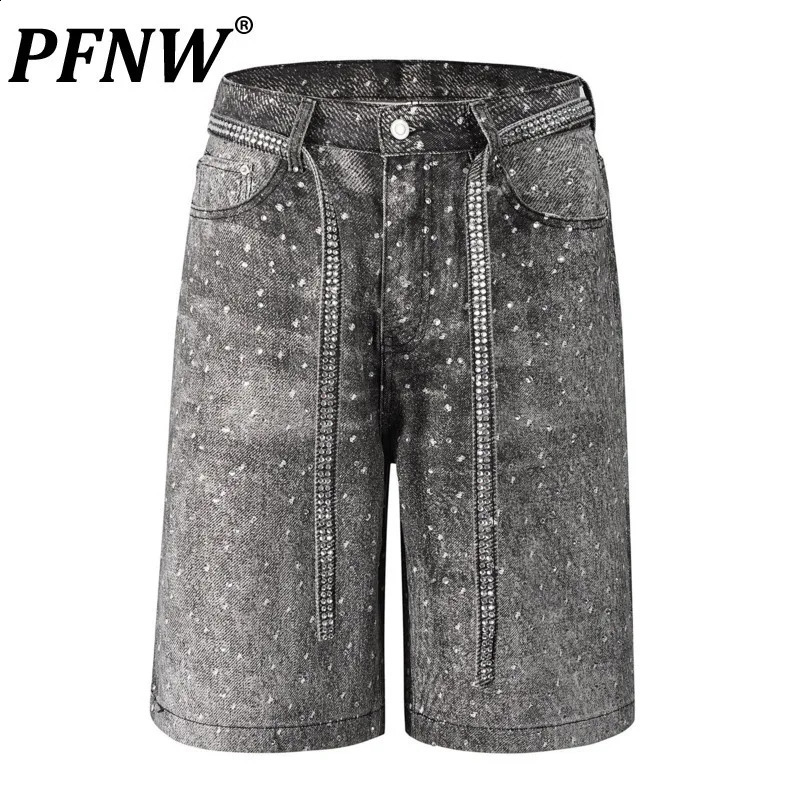 PFNW American High Street Heat-melting Rhinestone Denim Shorts Mens Loose Straight Knee Length Pants Belt Jeans 28W6067 250411