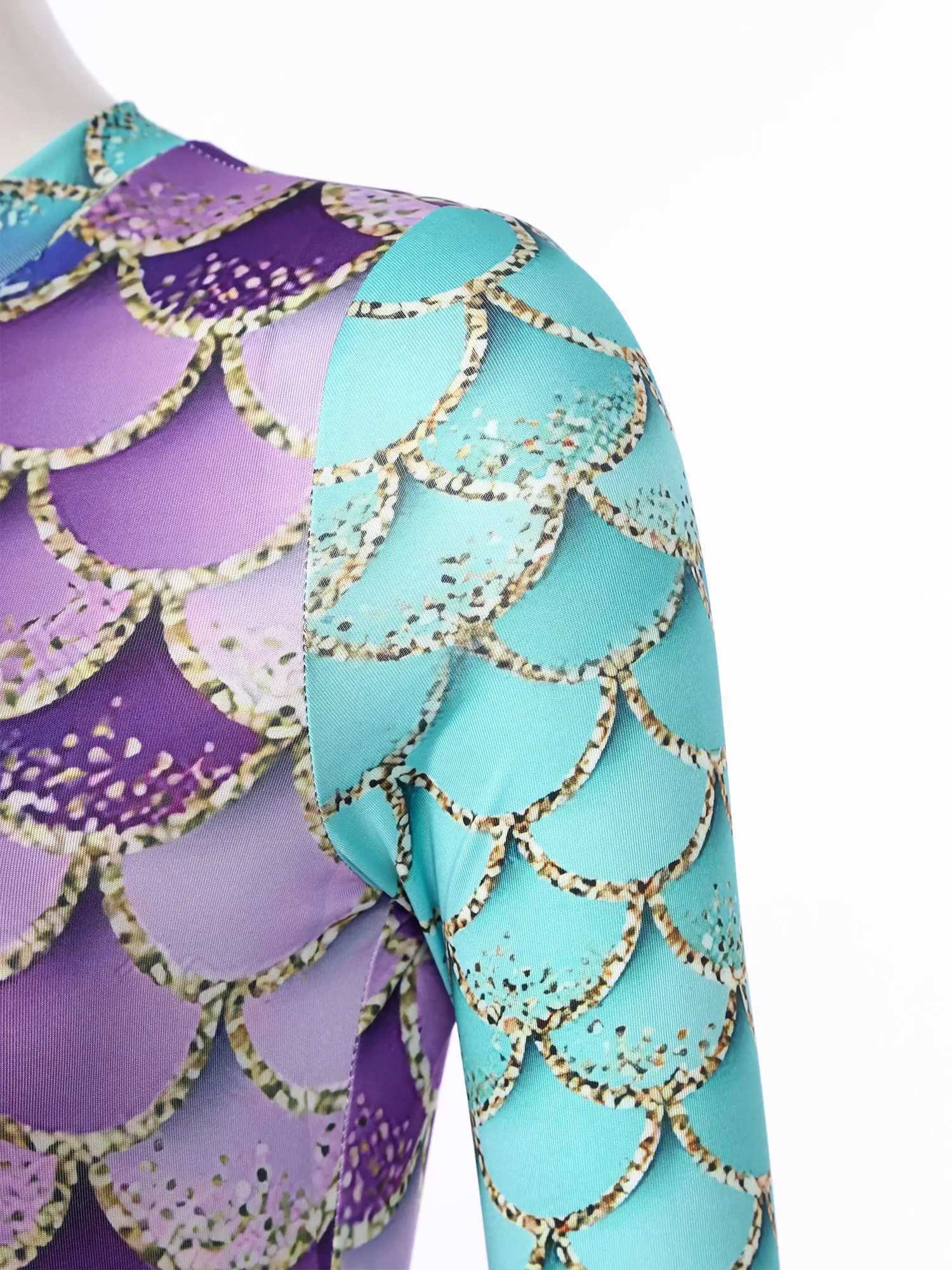 Women Mermaid Jumpsuit Swimsuit Long Sleeve Zipper Shiny Fish Scale Print Bodysuit Swimwear Rash Guards Beachwear Bathing SuitW251113