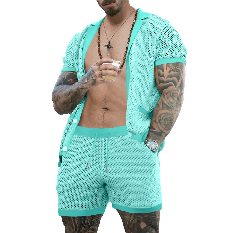 2025 Shorts Ice Cool Hole Cloth Flip Collar Cardigan Short sleeved for Men, Summer Two piece Set