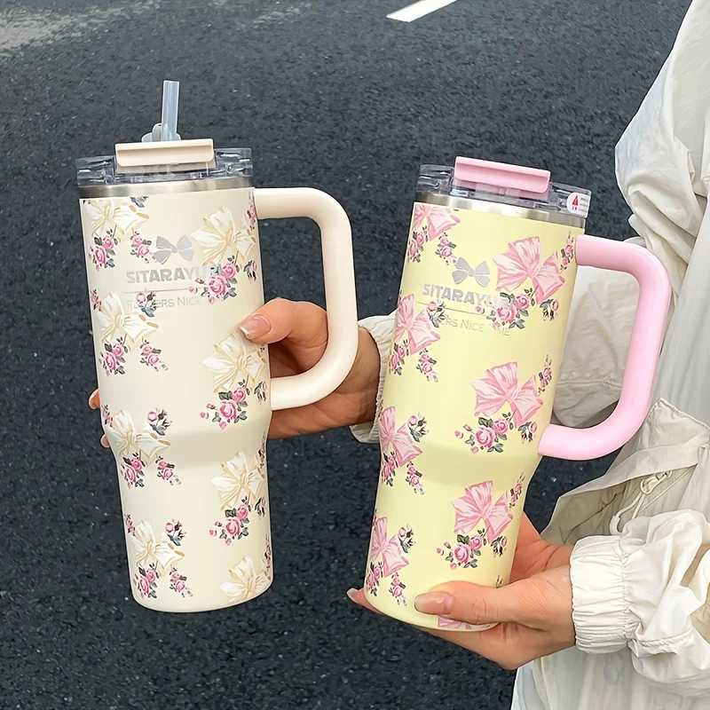 1pc 900ml Floral Print Stainless Steel Vacuum Insulated Tumbler with Straw Ice Cold Retention CupBirthday Gift for Women C251114