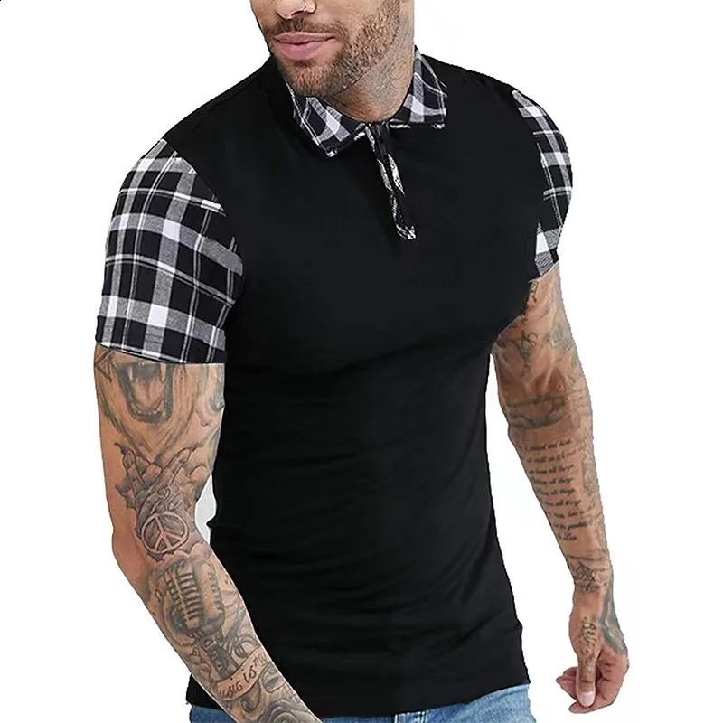 summer oversized mens checkered work short sleeved mens T-shirt casual solid color polo shirt 250409