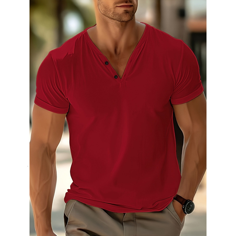 Mens solid color V-neck breathable sweat wicking casual sports lightweight regular short sleeved T-shirt