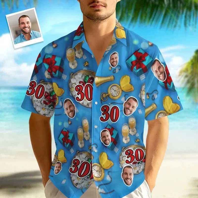 Customized Birthday Hawaiian Shirt Birthday Party Personalized Face and Age Short Sleeves Fun Gifts Blonde Singles Party Top W250414